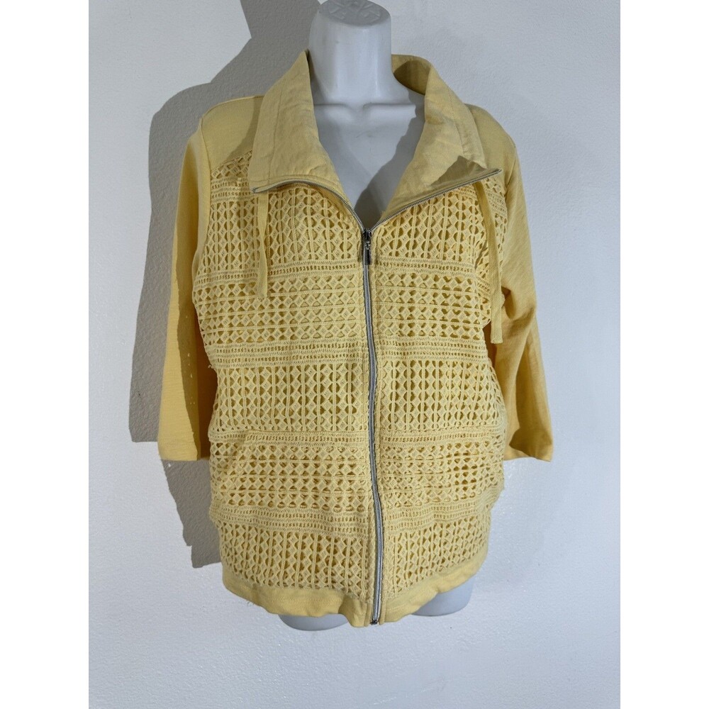Onque Casuals Yellow Zippered Collared Knit Front 3/4 Sleeve Sweatshirt Large